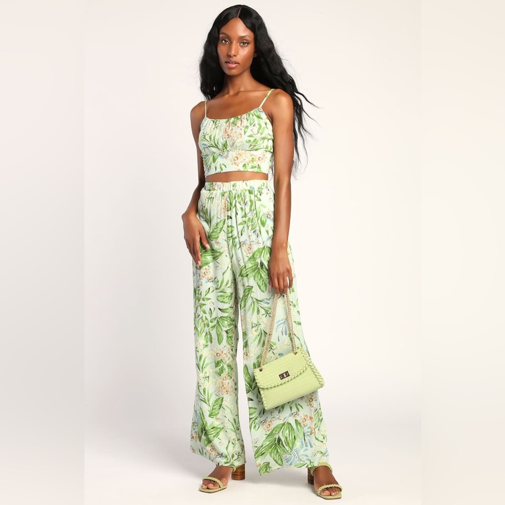 Lulus Bright Look Light Green Floral Lace-Up Two Piece Jumpsuit